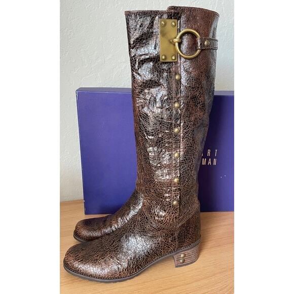 Stuart Weitzman Brown Leather Tall Boots Brass Ring - Picture 5 of 12